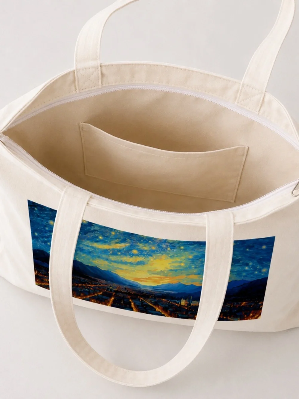Van Gogh Starry Night Cotton Tote Bag with Full-Length Zipper Closure